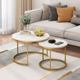 27.6in Nesting Coffee Table Set of 2, Round Coffee Table Wood Marble Pattern Top with Sturdy Metal Frame, End Table Side Tables for Living Room B (Option: White+Gold)