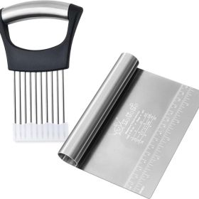 Multi-Purpose Stainless Steel Bench Scraper & Onion Holder Slicer Set - Dough Chopper With Anti-Slip Handle & Safety Cover (Option: Black)