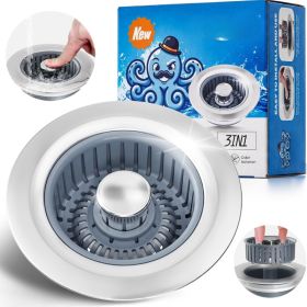 Sink Drain Strainer  Sink Stopper Kitchen Drain, 3 In 1 Kitchen Sink Drain Strainer With Anti Clogging Basket Kitchen Gadgets Clearance Sink Acce (Option: Silver)