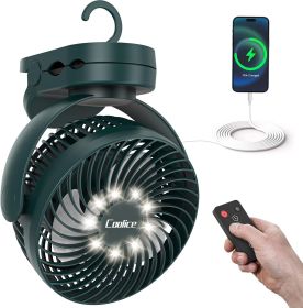 Camping Fan with Remote Control - 12000mAh Rechargeable Battery Powered Fan, Camping Fans for Tents with LED light & Hanging Hook (Color: green)