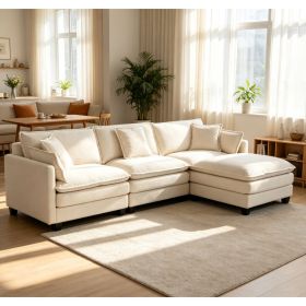 Modern 3seats with ottoman 113.77"Sectional Sofa with Waist Pillows,3-seat Upholstered Symmetrical Sofa Furniture,Sleeper Sofa Couch with Chaise (Option: Antique White)